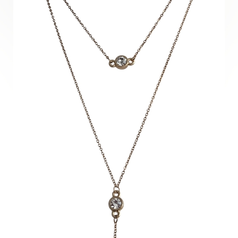Gold Tone Two Strand Lariat Necklace with Rhinestones